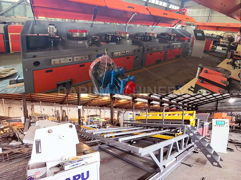 JIAKE customized reinforcing rebar mesh production line in Zimbabwe including 4-block straight-line wire drawing machine and mechanical mesh welding machine.